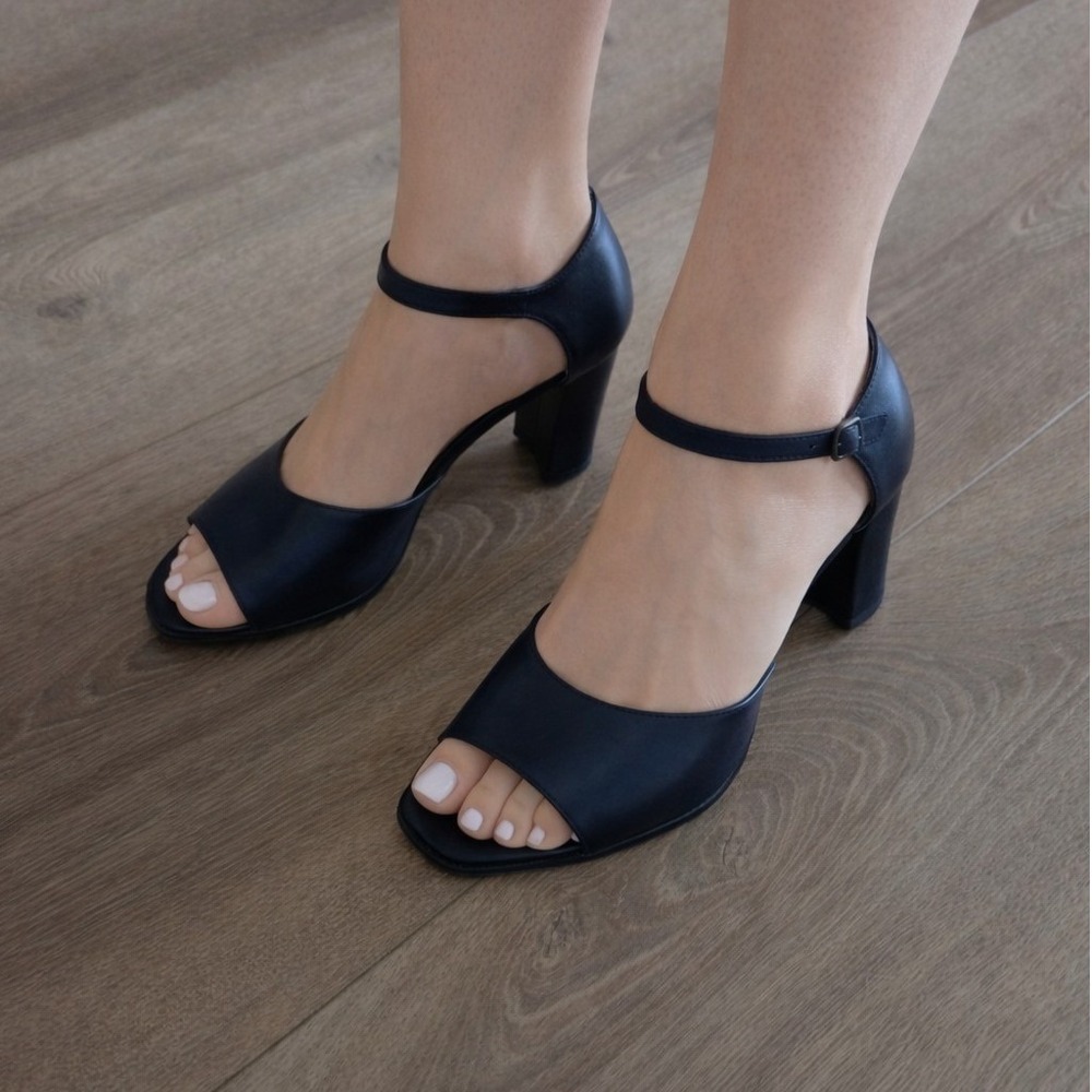 Details Navy Leather Peep Toe D' Orsay Ankle Strap Block Heels Size 7.5 B